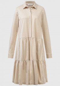 Beige Weiß Gestreiftes Kleid mit Volants
